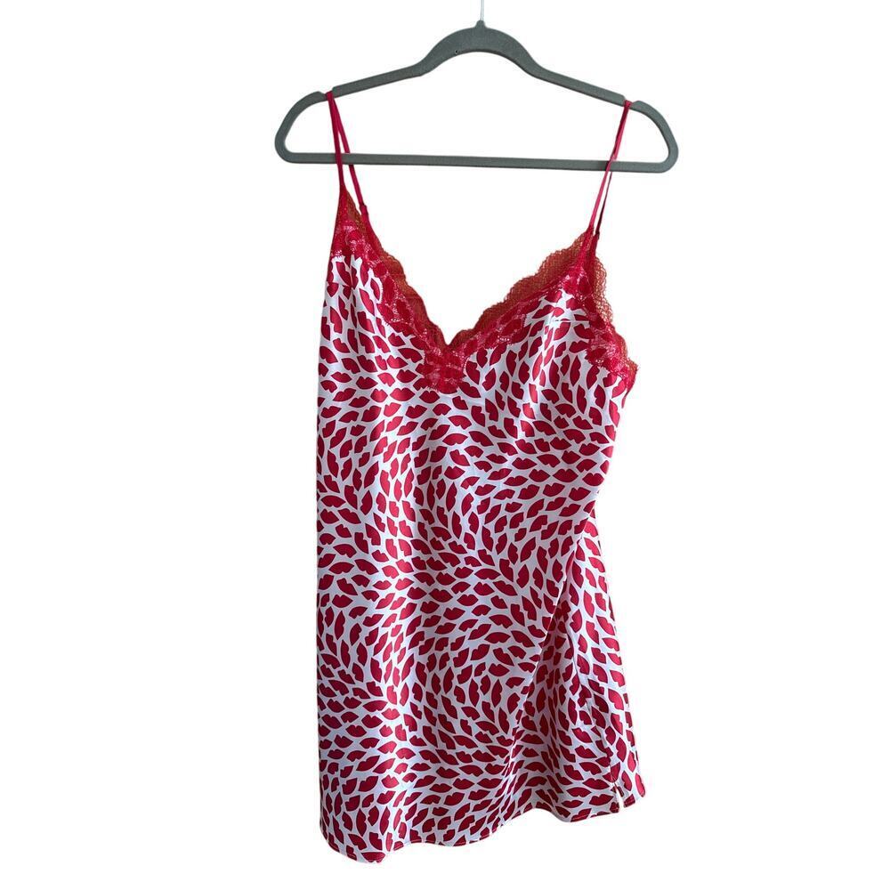 Victoria’s Secret Y2K Red Lip Print Satin Slip Dress Lace Trim L Large 00s VTG